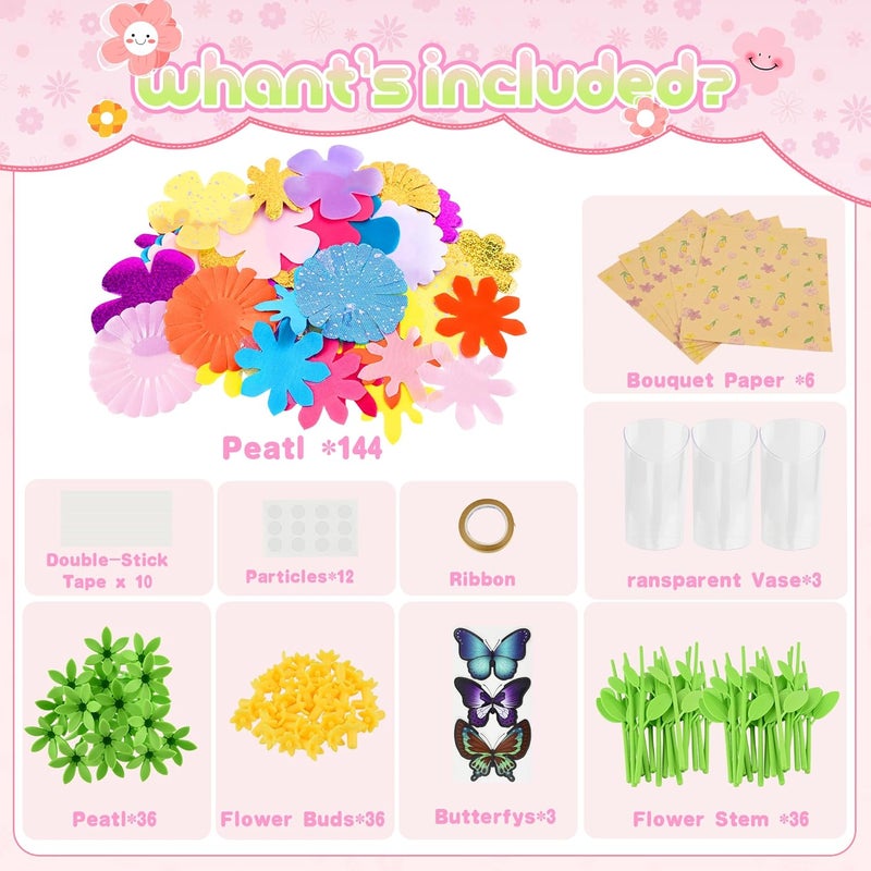 Nicella DIY Fabric Flower Bouquet Toy Accessories – Creative Flower Market & Arts & Crafts Add-On Kits for Kids (Makes 33 Flowers & 3 Butterflies, 36 Pieces Total) - Image 2